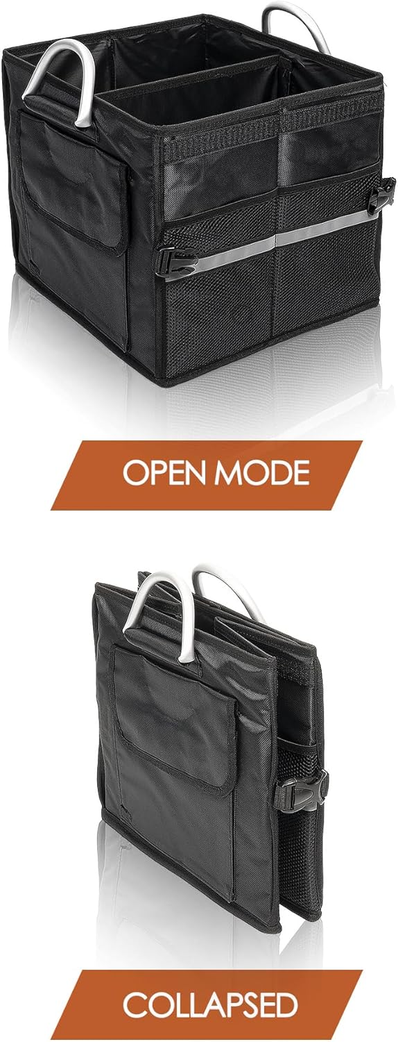 Small Trunk Organizer With Lid, For SUV Car Truck, Black 28L, Foldable Waterproof Oxford Fabric, 2-Compartments With Aluminium Alloy Handle