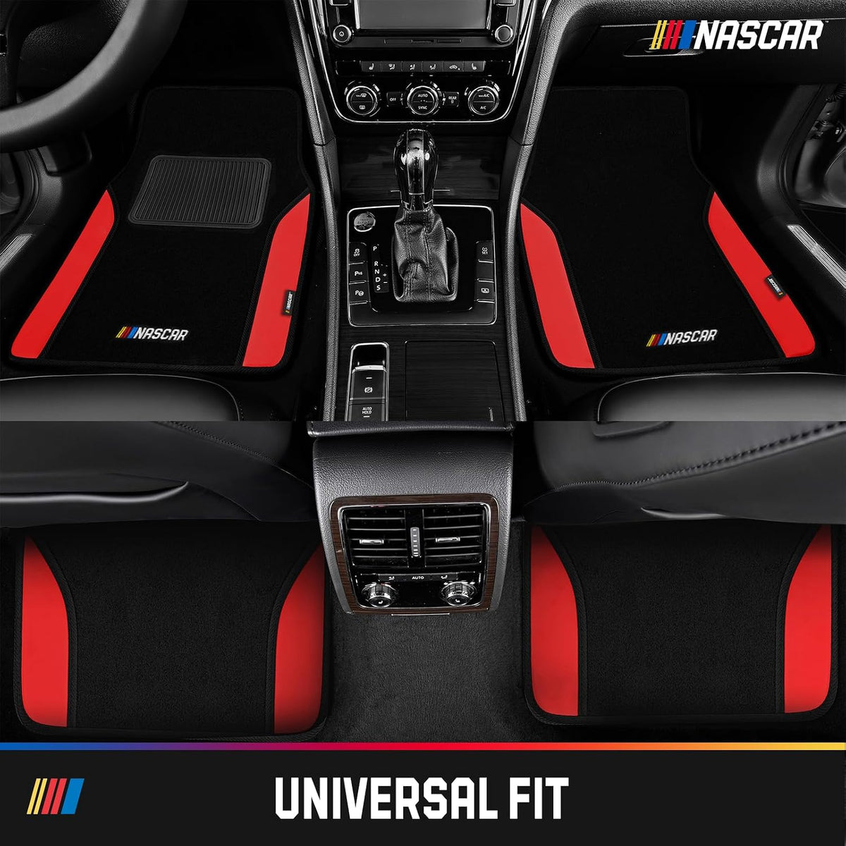 NASCAR Car Floor Mats, Carpet & Red Leather Design Car Mats, Universal-Fit All-Weather Car Floor Mats with Built-in Heel Pad & Anti-Slip Backing, Durable Odorless Automotive Interior Accessories
