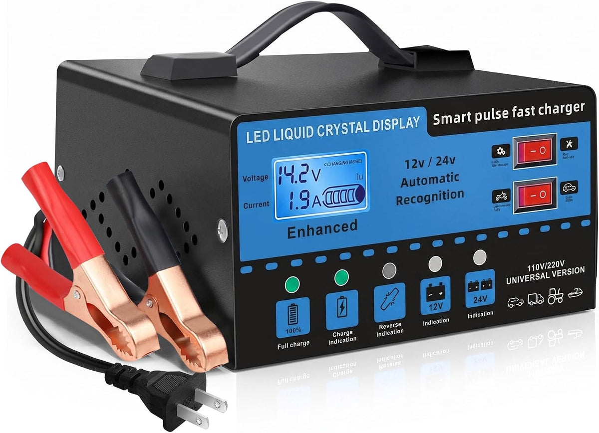 12V/24V Smart Car Battery Charger with LCD Display, Automatic Battery Maintainer & Trickle Charger, Temperature Compensation, Overcharge Protection for Cars, Trucks, SUVs & Motorcycles