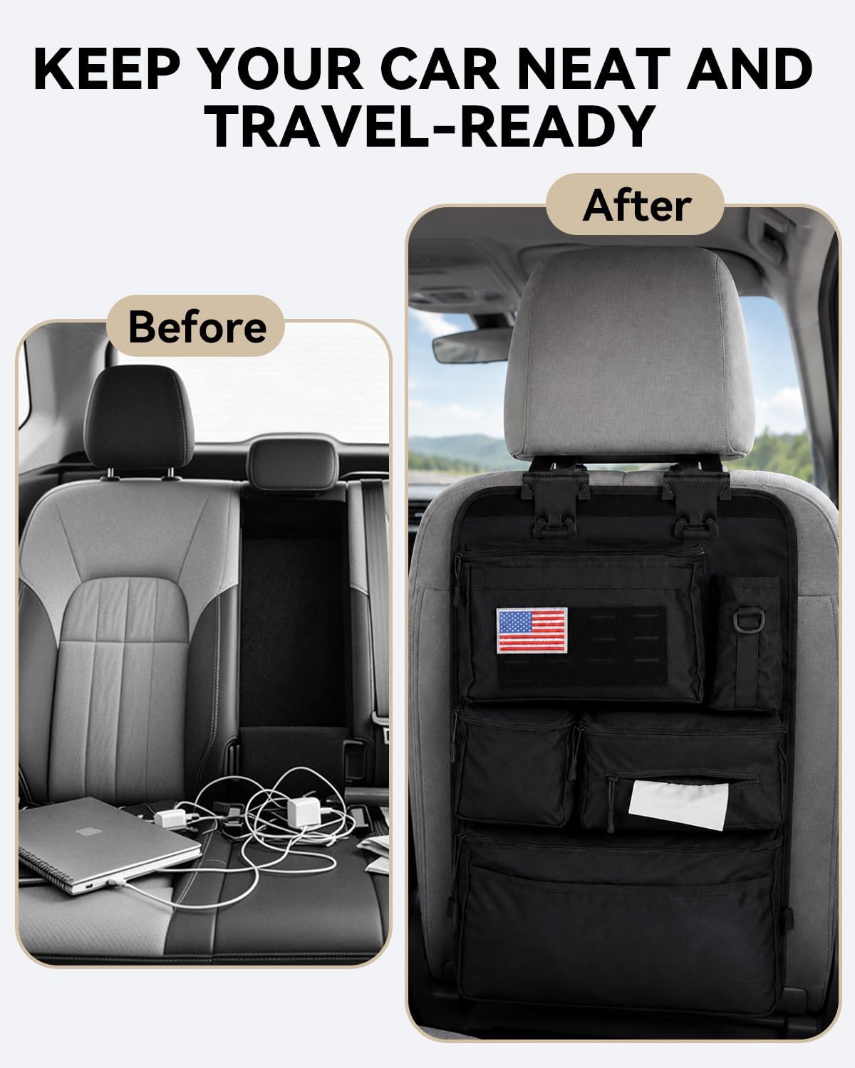 Tactical Car Seat Back Organizer Kit, MOLLE Vehicle Seat Organizer with Storage Panel, Strap, Hooks & Trash Bags, Universal Car Accessories for Truck SUV Jeep Interior Storage Organizer