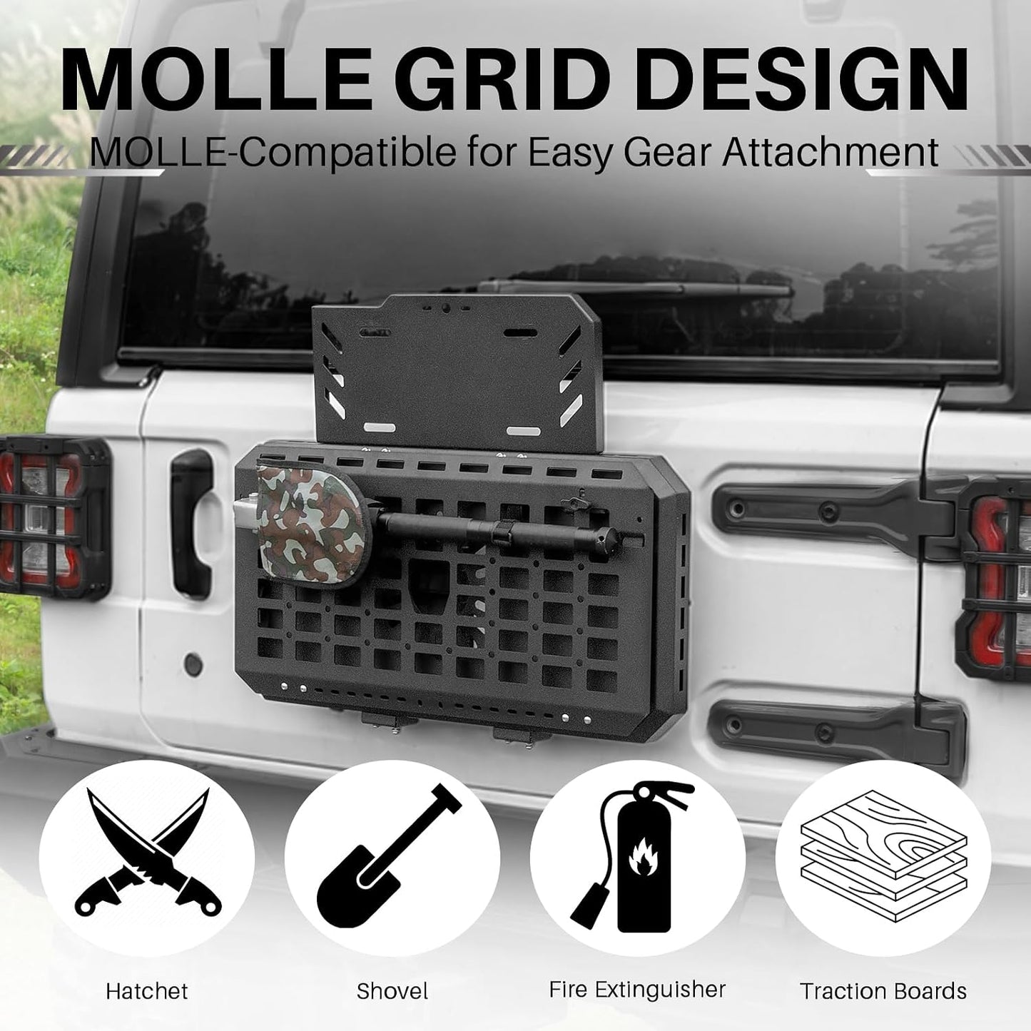Spare Tire MOLLE Panel Modular Storage System for Jeep Wrangler JL JK & Ford Bronco (Excludes Sport Models), Heavy-Duty Metal Foldable Tailgate Table, Car Storage Organizer Panel Accessories