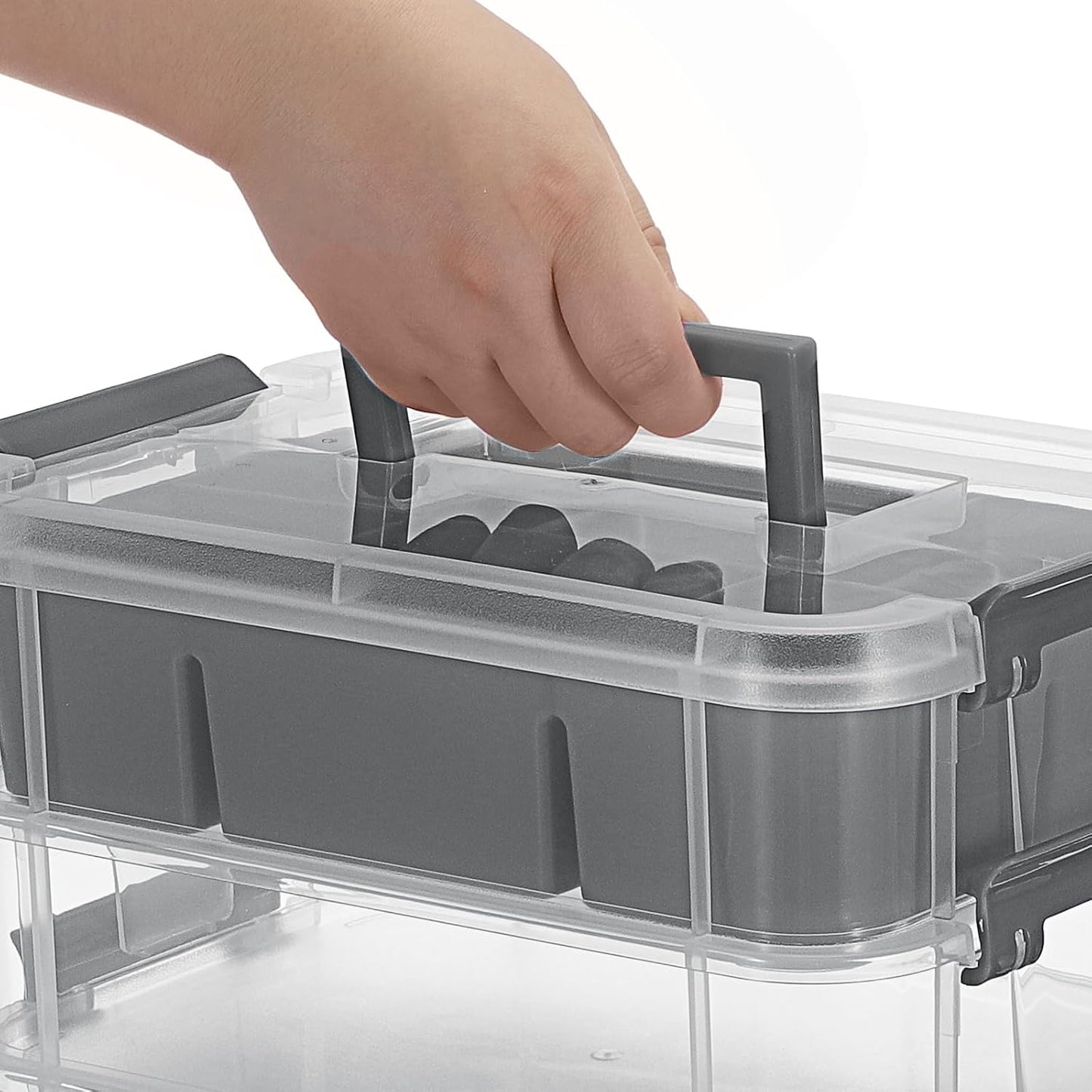JUXYES 4-Tiers Plastic Stack Carry Storage Containers Box wih Handle Lids | Clear Stackable Latching Storage Bin With 2 Tray for School Office, Organizing Sewing, Art Craft, DIY Supplies, Gray
