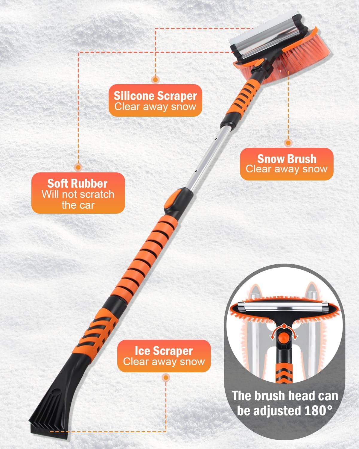 Ice Scrapers for Car Windshield, 43'' Three Stage Extendable Aluminum Alloy Car Snow Scraper and Brush, 180° Pivoting Snow Brush and Ice Scraper for Car, Truck, SUV