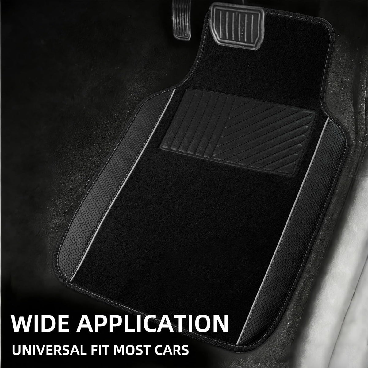 NBTEPEM Waterproof Universal Fit Car Floor Mats, Faux Leather Sporty Car Carpet Mats with Anti-Slip Nibbs Backing & Driver Heel Pad Fit for SUV, Vans, Sedans, Trucks, Set of 4 (Black with Grey line)