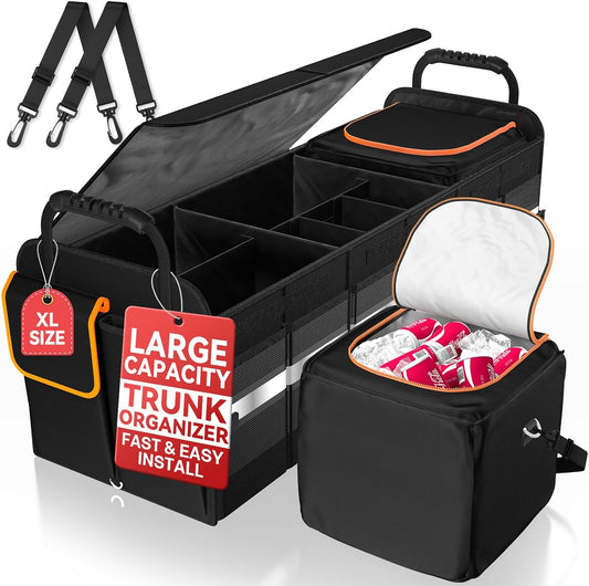 XL Heavy-Duty Trunk Organizer for Car, 6 Adjustable Compartments & Cooler | Car Trunk Organizer With Lid & Removable Leakproof Cooler Bag, Reinforced Panels, Non-Slip Base, Tie-Down Straps For Sedan
