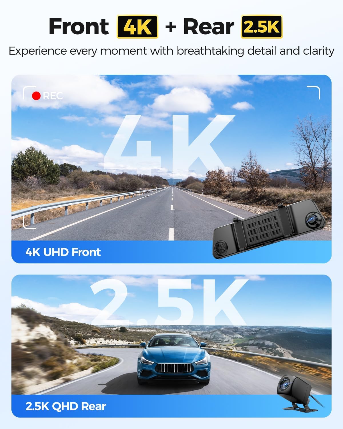 AZDOME 4K+2.5K Mirror Dash Cam with AR effects, ADAS, BSD & LCA Rear View Mirror Camera, 12" Rearview Mirror Camera, 5.8GHz WiFi, Voice Control, GPS, backup camera mirror Includes 64GB Card (PG17 Max)