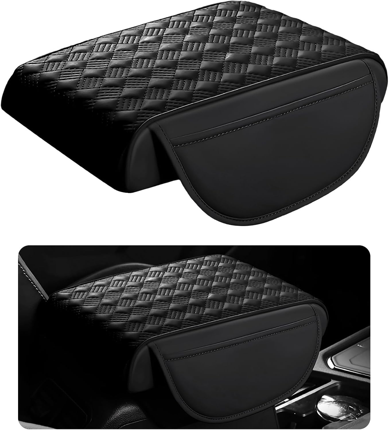 Car Armrest Cushion, 12.2"×8.3" Leather Auto Memory Foam Center Console Pad with Storage Pocket, Waterproof & Anti-Scratch Elbow Pillow Armrest Seat Box Protector, Universal Fit (Black)