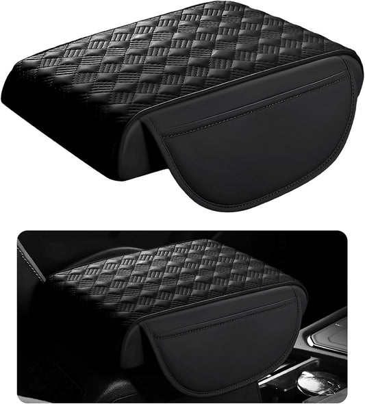 Car Armrest Cushion, 12.2"×8.3" Leather Auto Memory Foam Center Console Pad with Storage Pocket, Waterproof & Anti-Scratch Elbow Pillow Armrest Seat Box Protector, Universal Fit (Black)