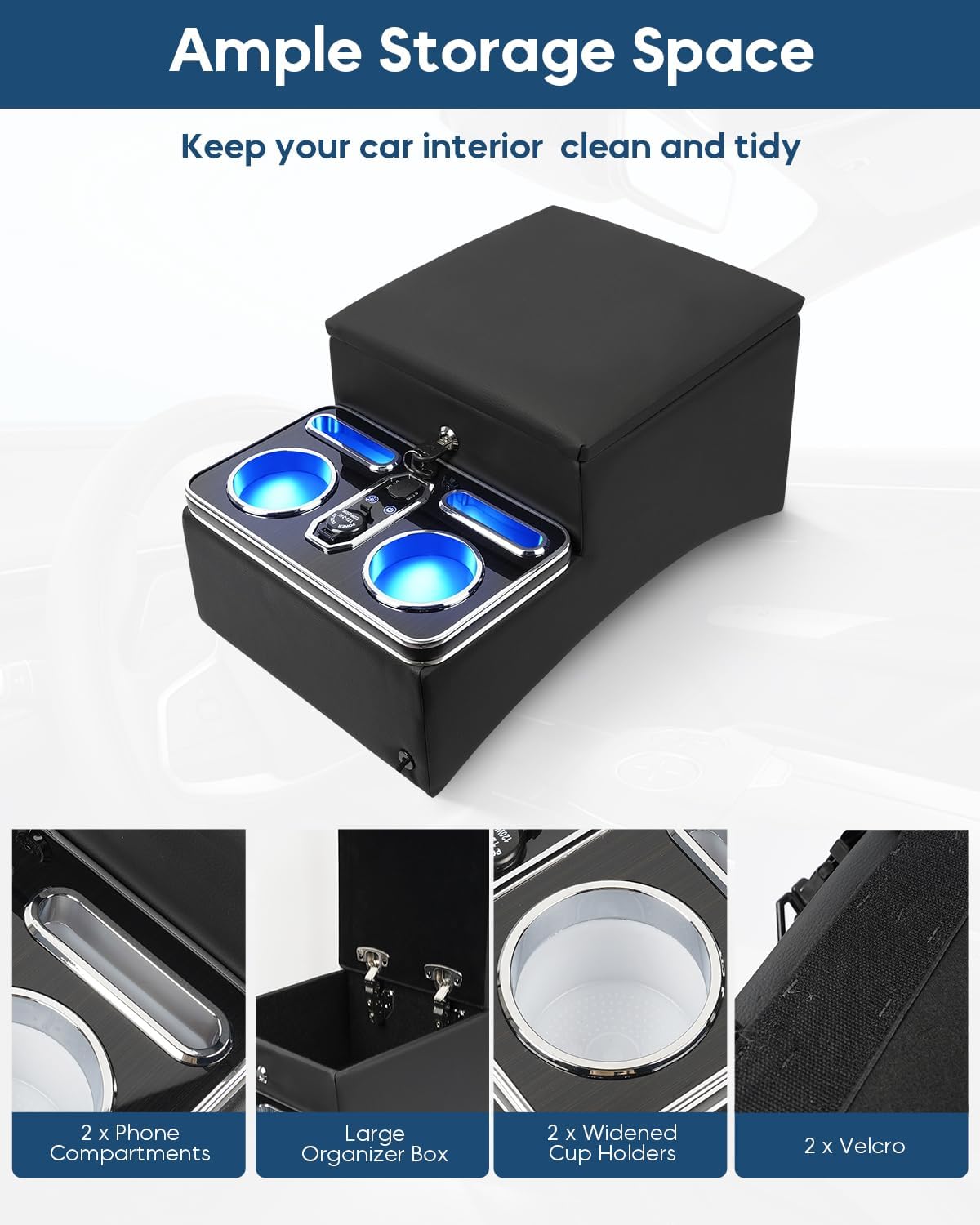 Upgraded Center Console with Lock, Truck Bench Front Seats Center Console Organizer and Storage, Cup & Phone Holder for Minivan, SUV, Middle Van, Fast Phone Charging & 7-Color Adjustable LED Lighting