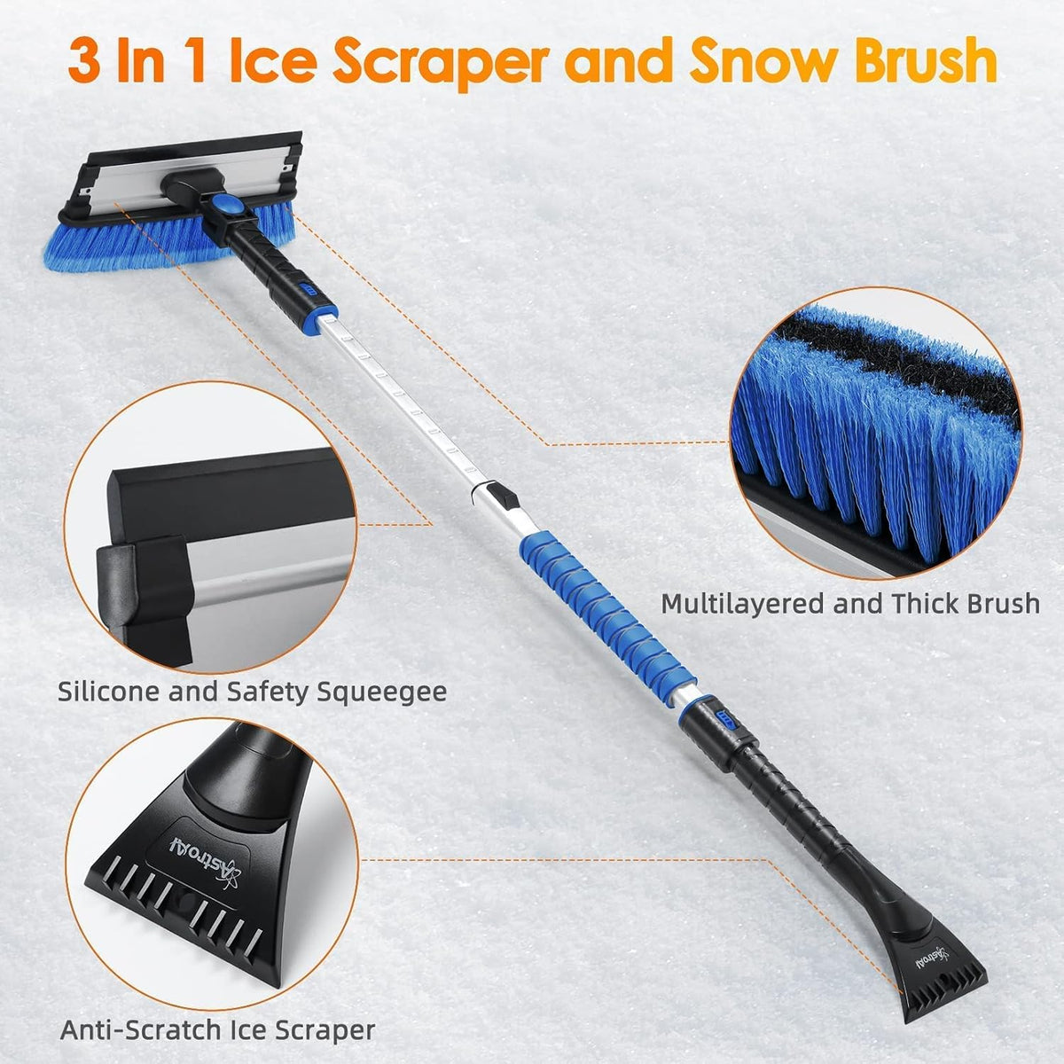 AstroAI 27'' Classic and 47.2'' Upgraded Ice Scraper with Squeegee(Blue)