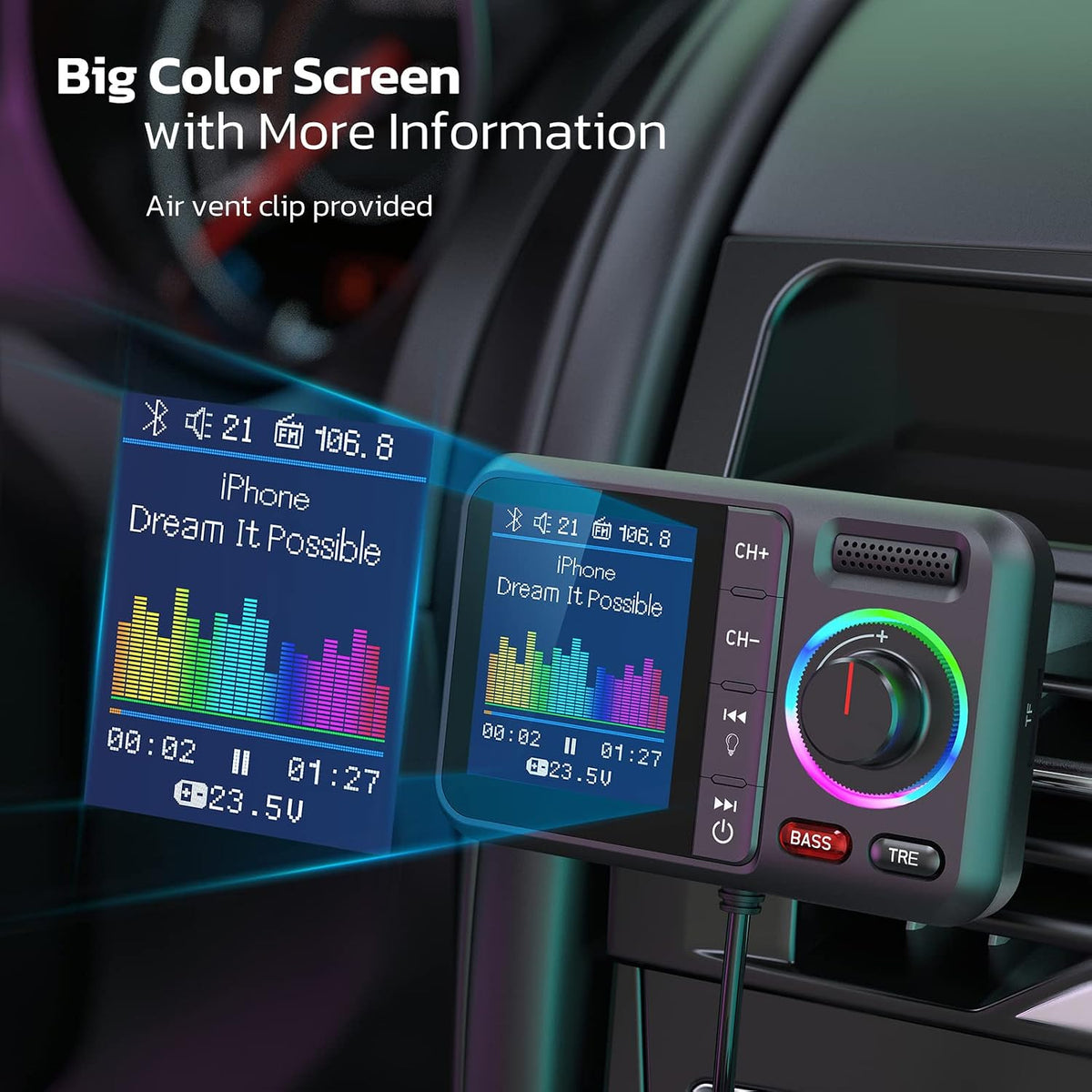 Nulaxy Bluetooth Car Adapter with Large Color Screen, Air Vent Installation