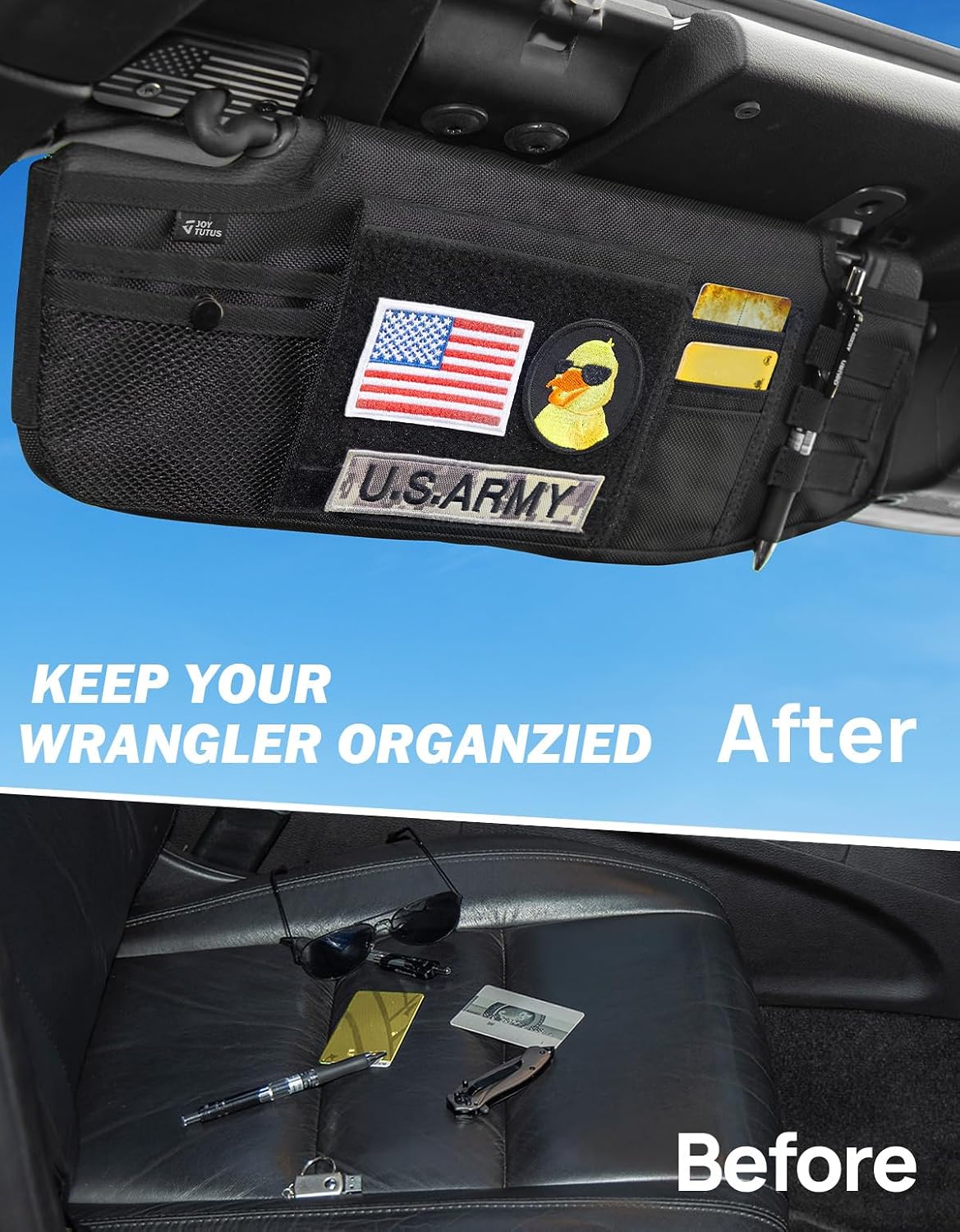JOYTUTUS Sun Visor Organizer Compatible with 2018-2026 Wrangler JL & Gladiator JT, Driver's Side Front Tactical Visor Storage Cover Molle Webbing Visor Storage Holder Pouch, Multi-Pocket Net Zipper