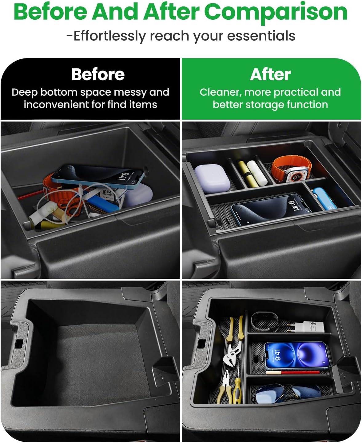 Center Console Organizer, 2PCS Storage Tray Compatible with 2019-2025 Chevy Silverado/GMC Sierra 1500 & 2020-2025 Chevy Silverado/Sierra 2500HD 3500HD (Split-Bench Folding Seat)-Black