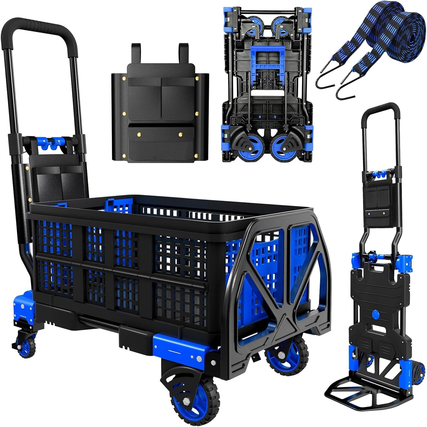 Folding Hand Truck, 2 in 1 Portable Heavy Duty Carrying Moving Dolly Cart with 4 Foldable Wheels and Retractable Handle Duty 330lbs (Blue with Folding Basket)
