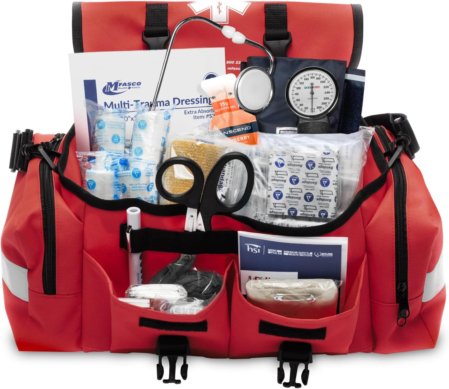 MFASCO Complete Emergency Response First Aid Kit Trauma Bag - 415 Piece Fully Stocked Supplies for Disaster Preparedness | for Business, Schools, Organizations, Groups, Home Safety (Reflective - Red)