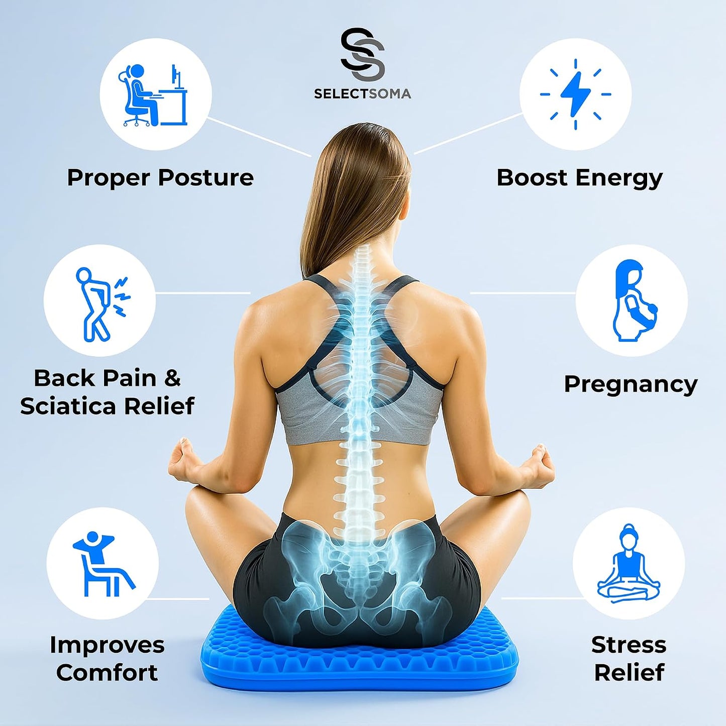 SelectSoma Super Large Gel Seat Cushion for Long Sitting - 18.5" x 17.5" - Breathable Cooling Design - Pressure Relief for Sciatica, Tailbone & Back - Office Chair, Wheelchair, Car & Truck Cushion