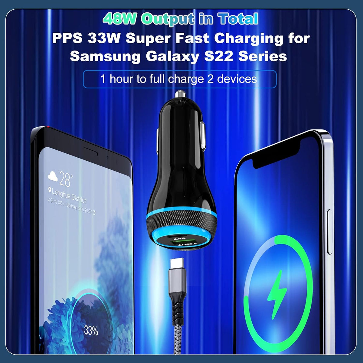 2-Pack PD Fast Car Charger for iPhone 17/16/15, [USB C PD/PPS & USB A QC3.0] 45W Super Fast Car Cigarette Lighter Adapter Compatible for Samsung S25/S24/S23 with 4FT Type C Cord