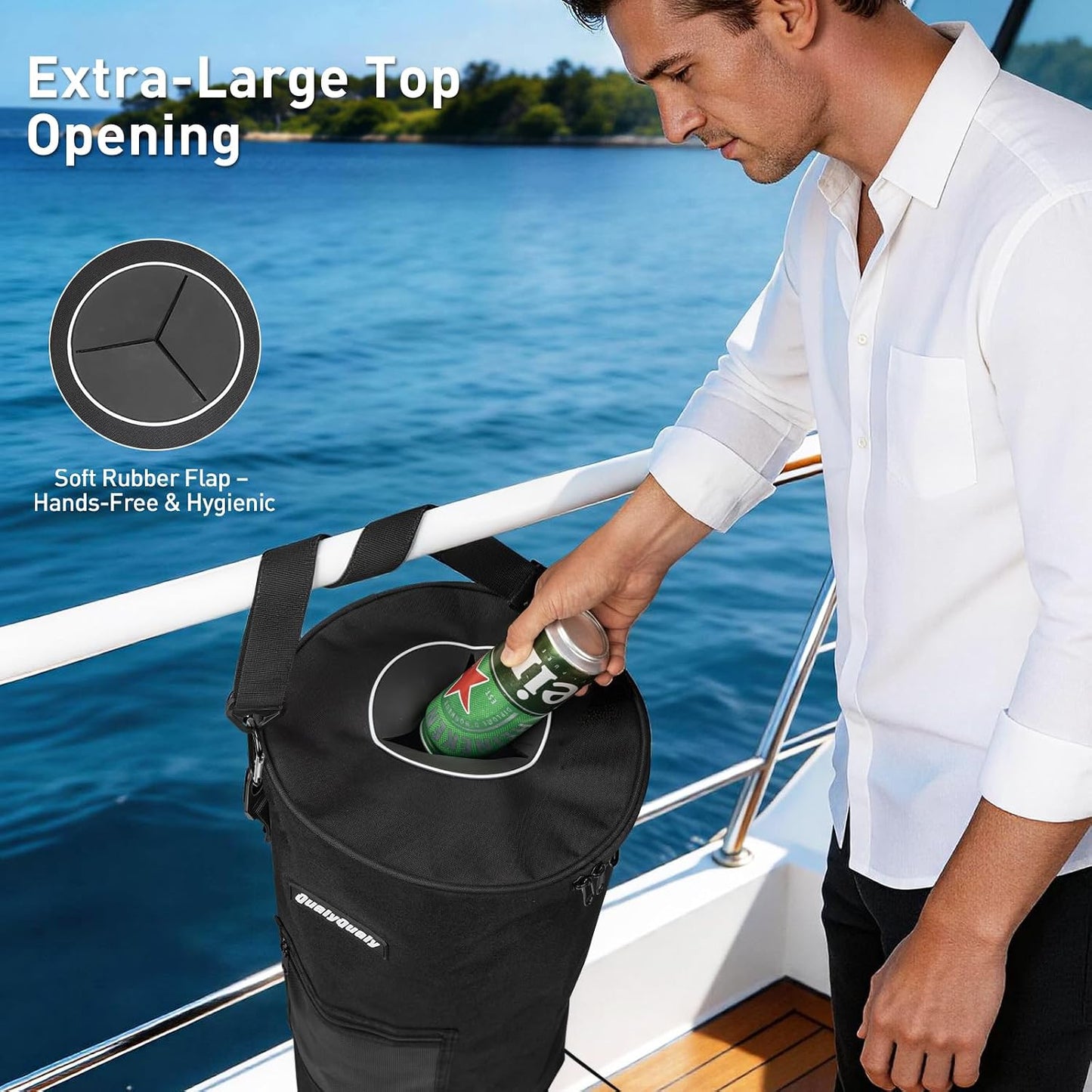 QualyQualy Portable Boat Trash Can, 100% Leak-Proof & Odor-Control Lid, 900D Marine Garbage Bag, Reusable 13 Gal Trash Bag with Snaps, Collapsible for Fishing Pontoon Boat Accessories, Kayak, RV