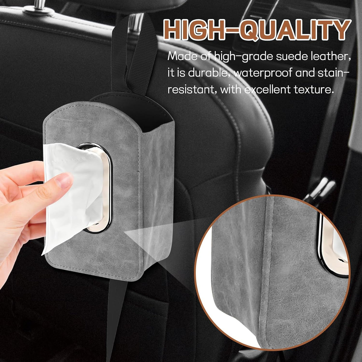 Car Seat Side Tissue Holder, Rectangular Leather Hanging Tissue Box Cover for Cars Front Seats, Automotive Seat Storage Organizer for Phone, Stuff, Universal Interior Car Accessories (Gray)