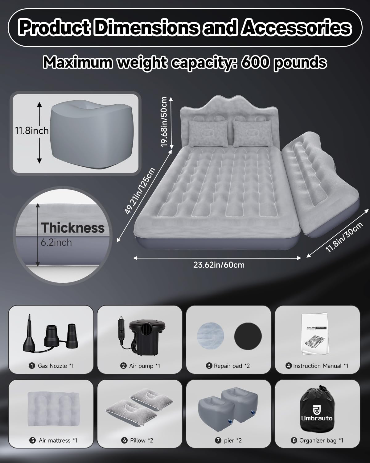 Umbrauto Truck Air Mattress Back Seat| Inflatable Car Camping Mattress Bed for Back Seat, SUV Blow Up Rear Seat Sleeping AirBed for Van Travel with Pump & Pillows