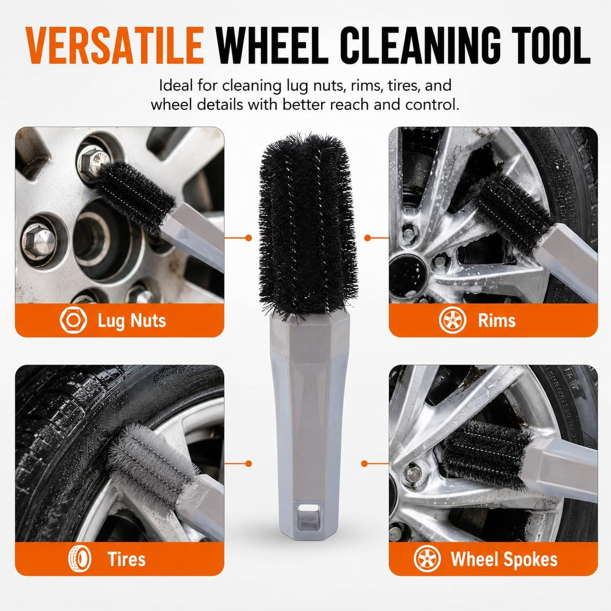 ULTCHNOVO Car Lug Nut Brush, Flexible Bristles Wheel and Rim Cleaning Tool