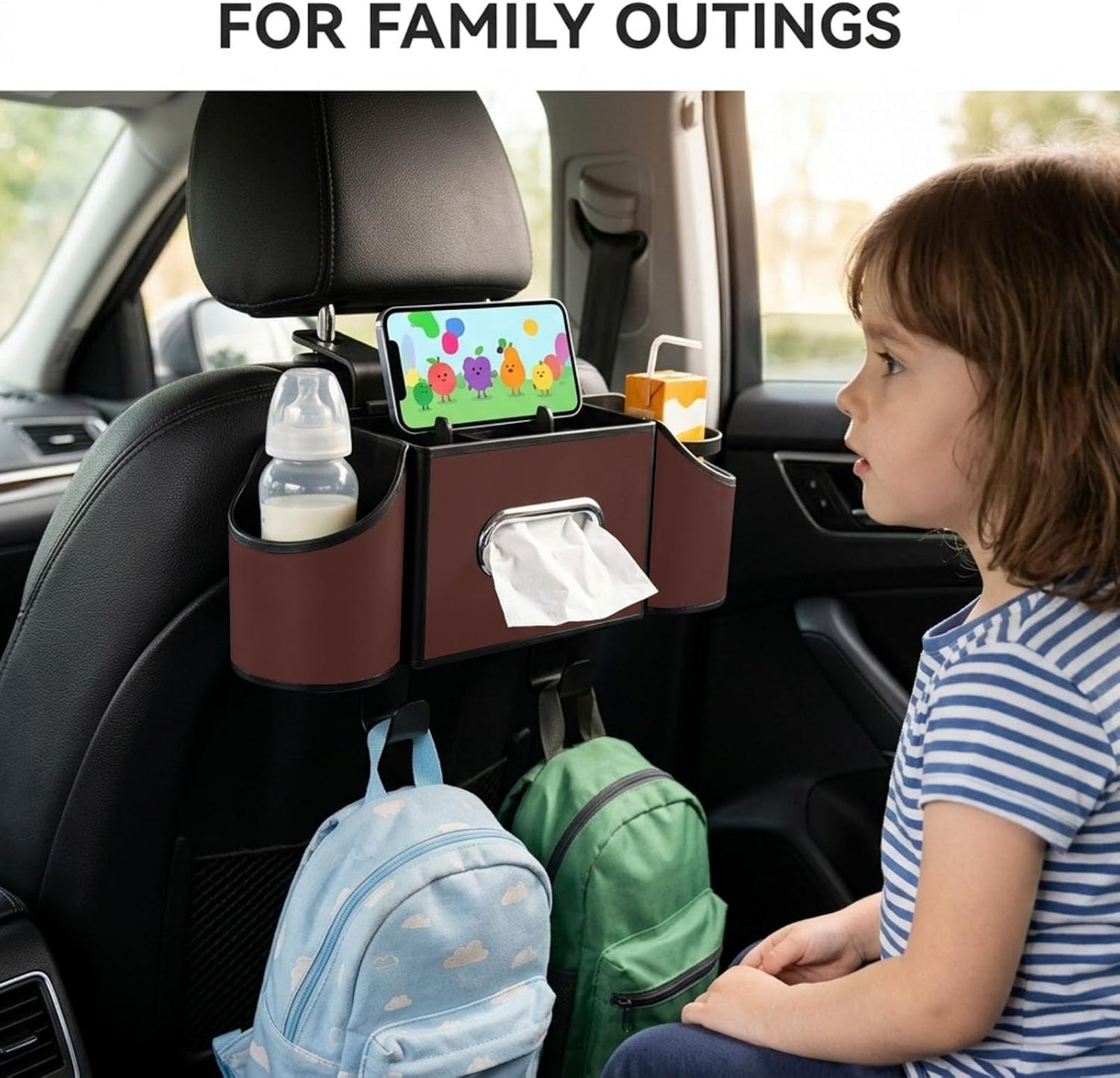 Back Seat Car Organizer, Nappa Leather Car Seat Organizer with Cup Holders and Tissue Box, Premium Hanging Storage Bag for SUV Truck Road Trip (Brown)