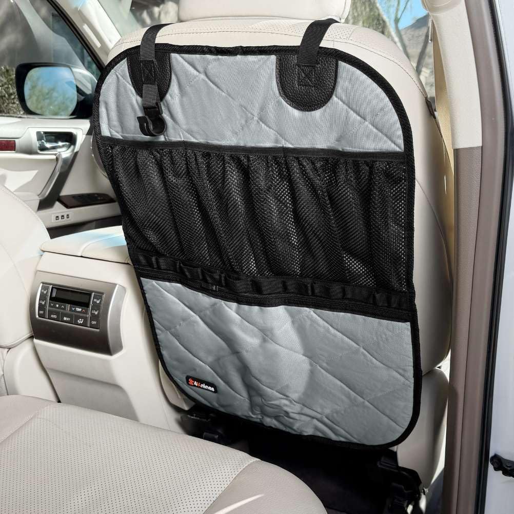 4Knines Car Seat Back Organizer – Heavy-Duty Kick Mat, Mesh Pockets, Grey