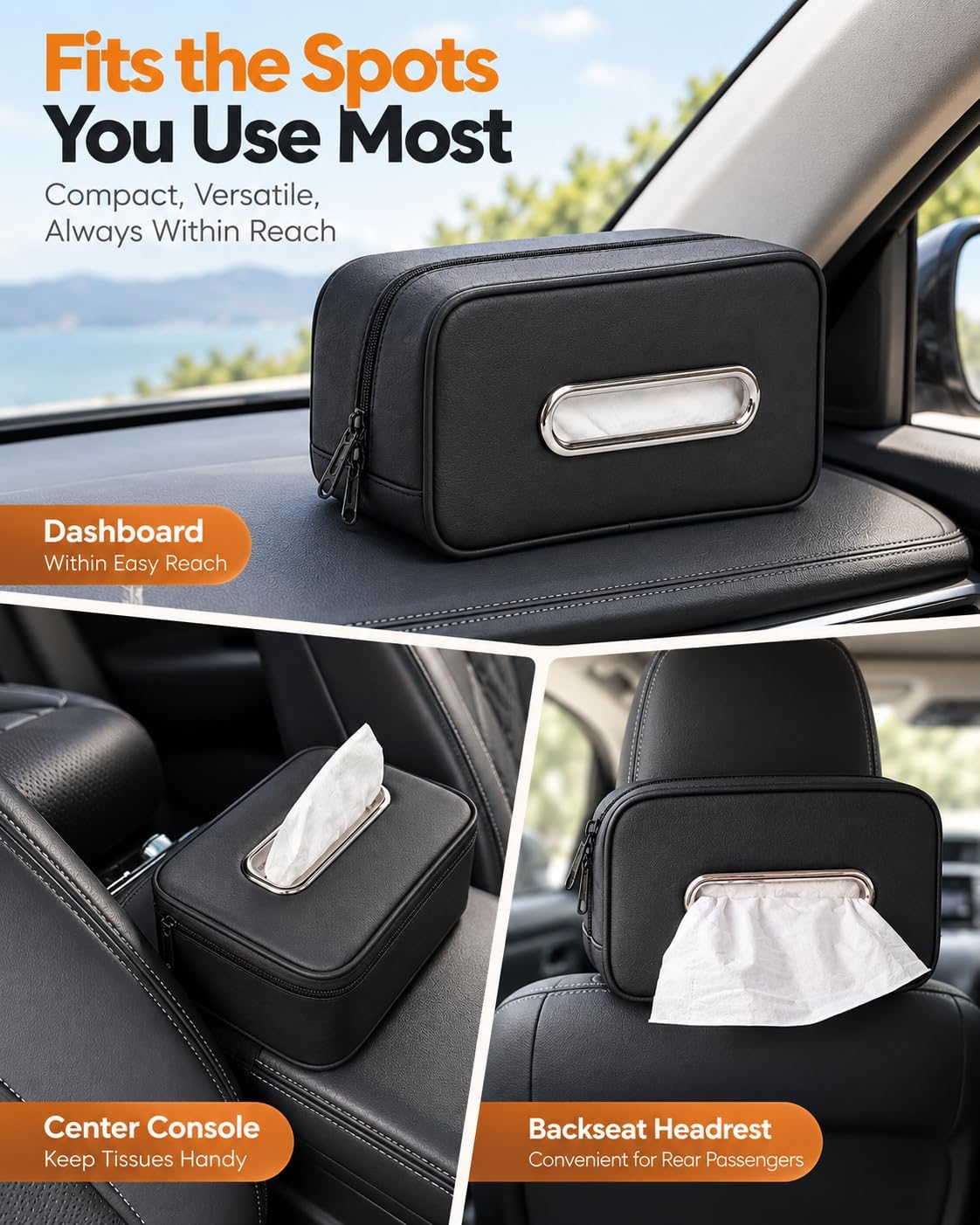 Leather Car Tissue Holder, Extra Large Tissue Holder for Car, Fits 120–230 Count Rectangular Tissue Boxes, Wider Opening for Easy Access, Dual Zipper for Headrest,Console,Seat Back (Black)