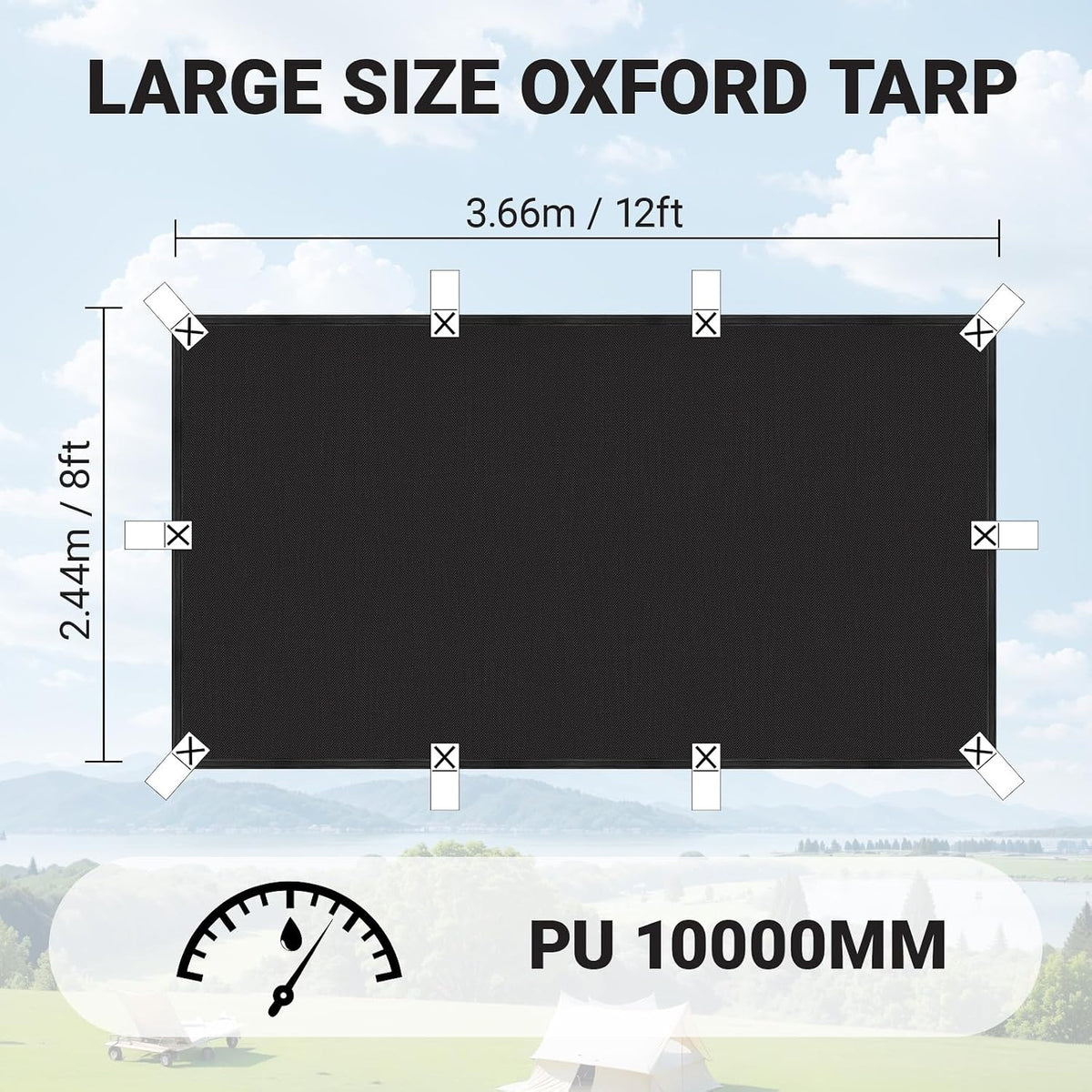 2 Pack 8x12 ft Black Heavy-Duty Waterproof Tarps - Oxford Fabric Tarpaulin with Reinforced Webbing Loops for Firewood, Roof, Camping, Pool, Boat & Outdoor Covers