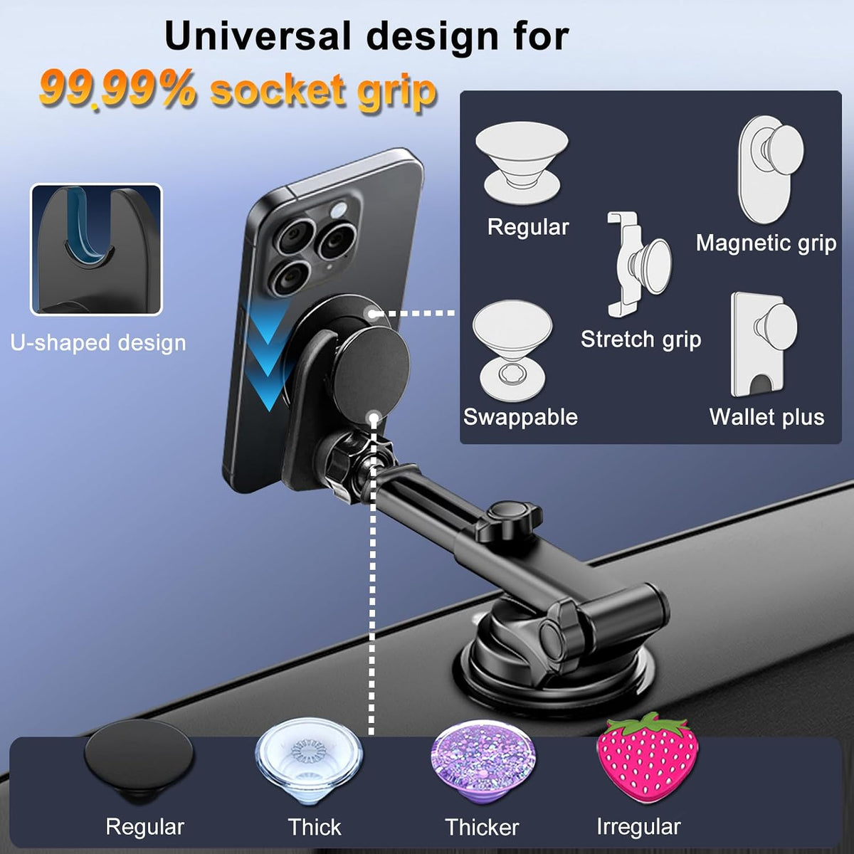 Car Mount for Pop Socket, Dashboard Windshield Car Phone Holder Compatible with Popsocket, Powerful Suction Cup Car Phone Mount Fits All Smartphones with Pop Grip
