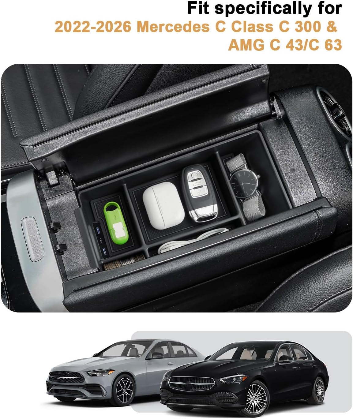 ECOZEN Center Console Organizer For 2022-2026 Mercedes C Class C 300/AMG C 43/C 63 - Armrest Box Storage Tray Compatible with 2022-2026 Mercedes C 300/ AMG C 43 C63 Accessories Armrest Organizer ABS
