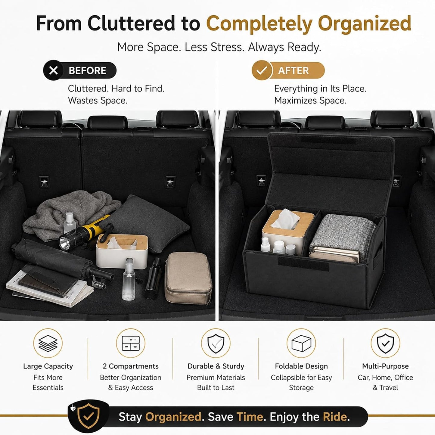Car Trunk Organizer, Foldable Cargo Storage Box with Hook-and-Loop Lid, Suede & Faux Leather Trunk Organizer for SUV Sedan Truck, Adjustable Divider, Handles, Black, 19.7inches