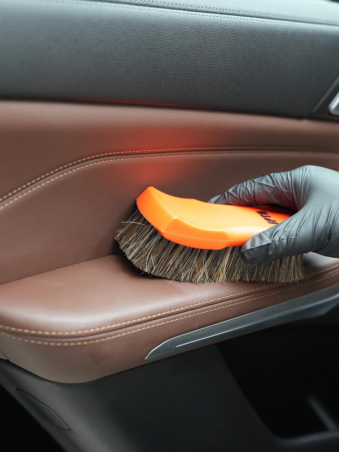 SPTA 3Pcs Car Detailing Brush Kit, Leather & Textile Interior Brush, Comfortable Grip and Scratch-Free Cleaning for Dashboard, Wheels, Seats, Foot Mats and Small Areas, Black