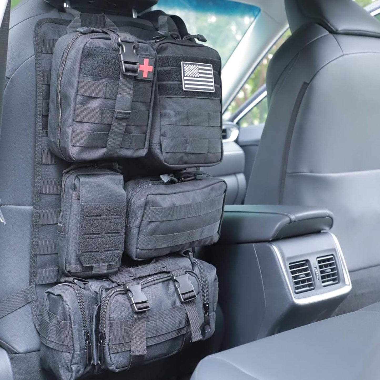 Jimikay Tactical Car Seat Back Organizer Hanger Bag with 5 Detachable Molle Pouch Vehicle Molle Panel Organizer Storage Bag Universal for for most car models (Black)