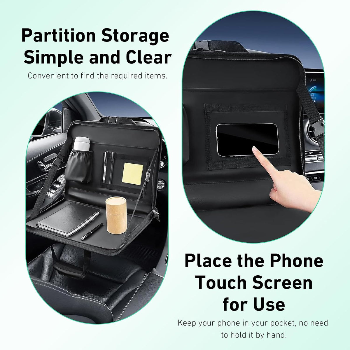 Steering Wheel Eating Tray, 3 in 1 Adjustable Seat Back Headrest Table, Multifunctional Steering Wheel Office Bag, Suitable for Kids, Commuters, Family (Black)
