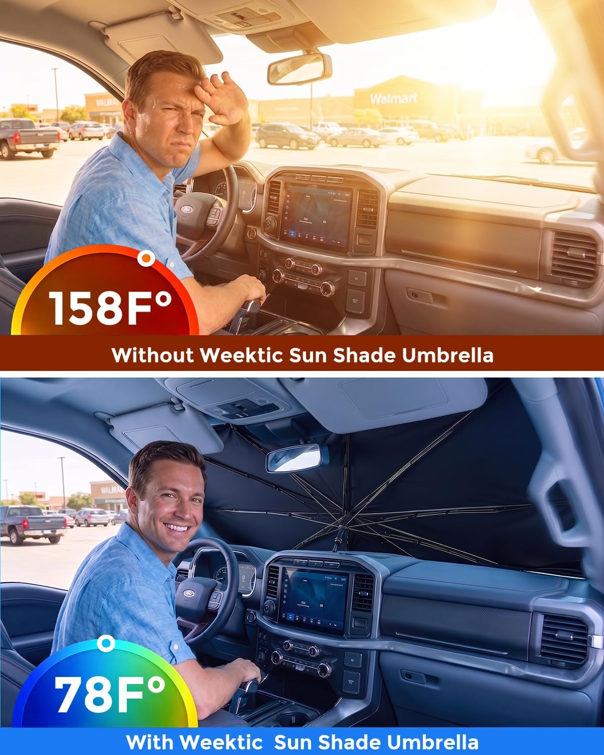 [2026 Upgraded] Weektic Truck Windshield Sun Shade for F-150/Silverado/Tundra/RAM 1500/Sierra - 5 Layers Ice Crystal Coating Blocks 99% UV, Cools Interior | 360° Swivel Handle for Easy Use
