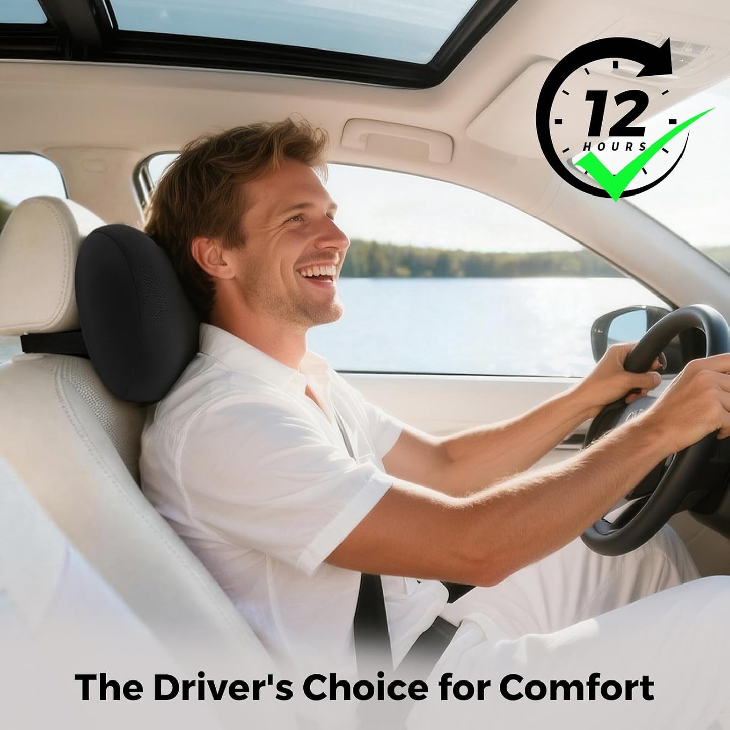 BEBAS Memory Foam Car Headrest Pillow - Breathable Neck Support Pillow for Driving, Universal Fit Cars/SUVs/Tesla/Toyota & Office Chair, Removable Cover (Black, Summer)
