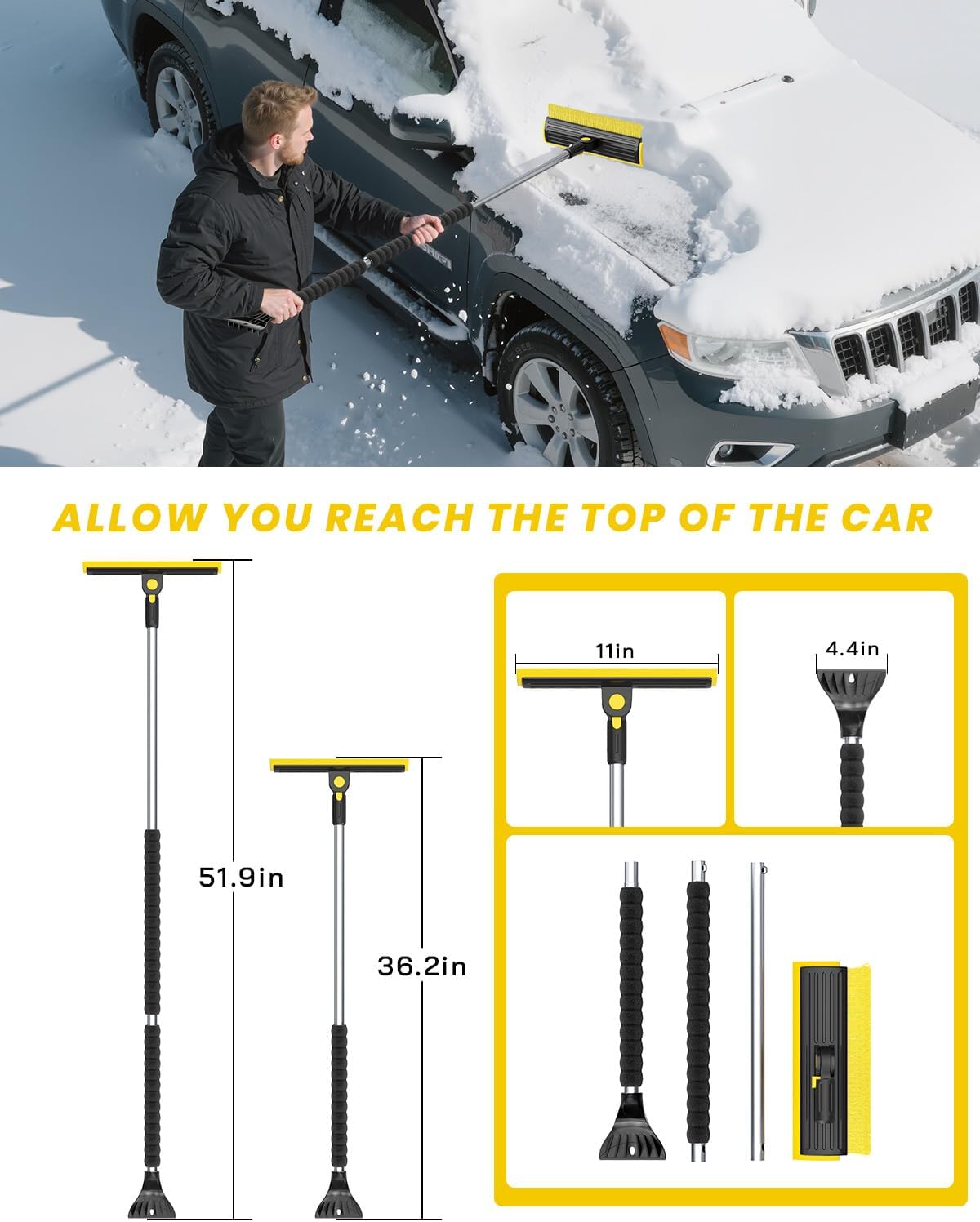 helloleiboo 2025 Extra Long 55.7" Ice Scrapers for Car Windshield Multi-Functional Detachable Car Ice Scraper with Foam Grip and 270° Pivoting Brush Head Snow Brush for SUV Truck Auto(Yellow)
