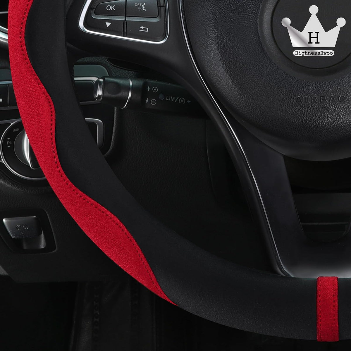 HighnessHwoo Luxury Suede Steering Wheel Cover for Cars, Soft Leather Padded Wheels Cover for Sedan, SUV, Thin Car Handle Cover, Universal Fit, Anti Slip, 14.75-15.15in, Red