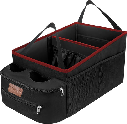FUNNy elf Car Seat Organizer - Passenger Seat Organizer, Collapsible Car Storage with Partitions & 4 Cup Holders for Front Seat or Back Seat (Red)