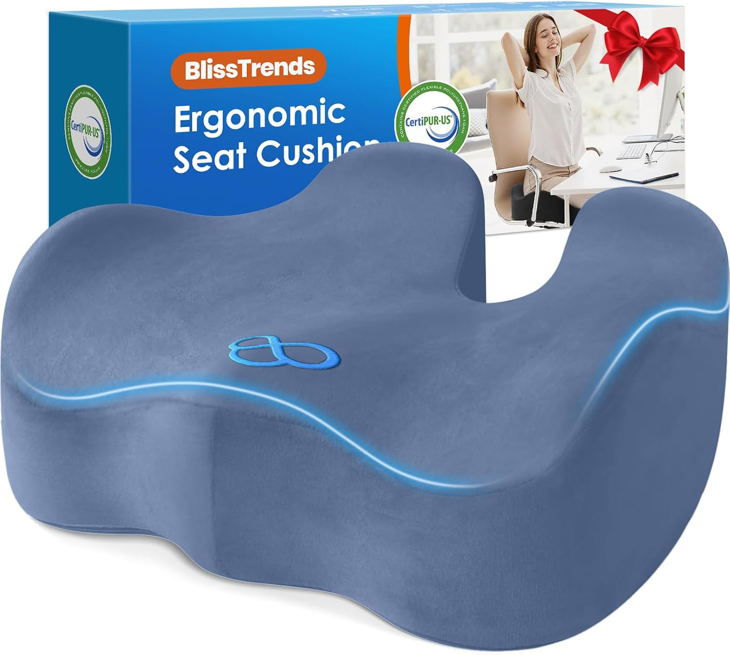 BlissTrends Extra Thick Seat Cushion for Office Chair & Car Seat,LightBlue | Tailbone & Sciatica Relief, Ergonomic Support, High-Density Memory Foam, Comfort for Extended Sitting