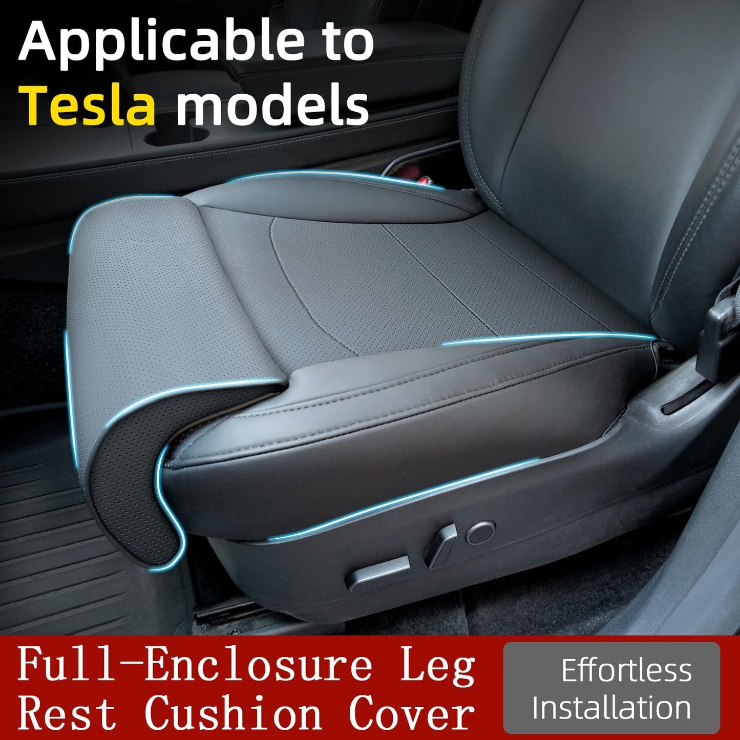 Tesla Model 3/Y Seat Cushion Cover with Memory Foam Leg Support, Premium Waterproof Leather, Non-Slip Base, Full Coverage Design, Model 3 (2024-2025) & Model Y (2026 Long Range) Juniper