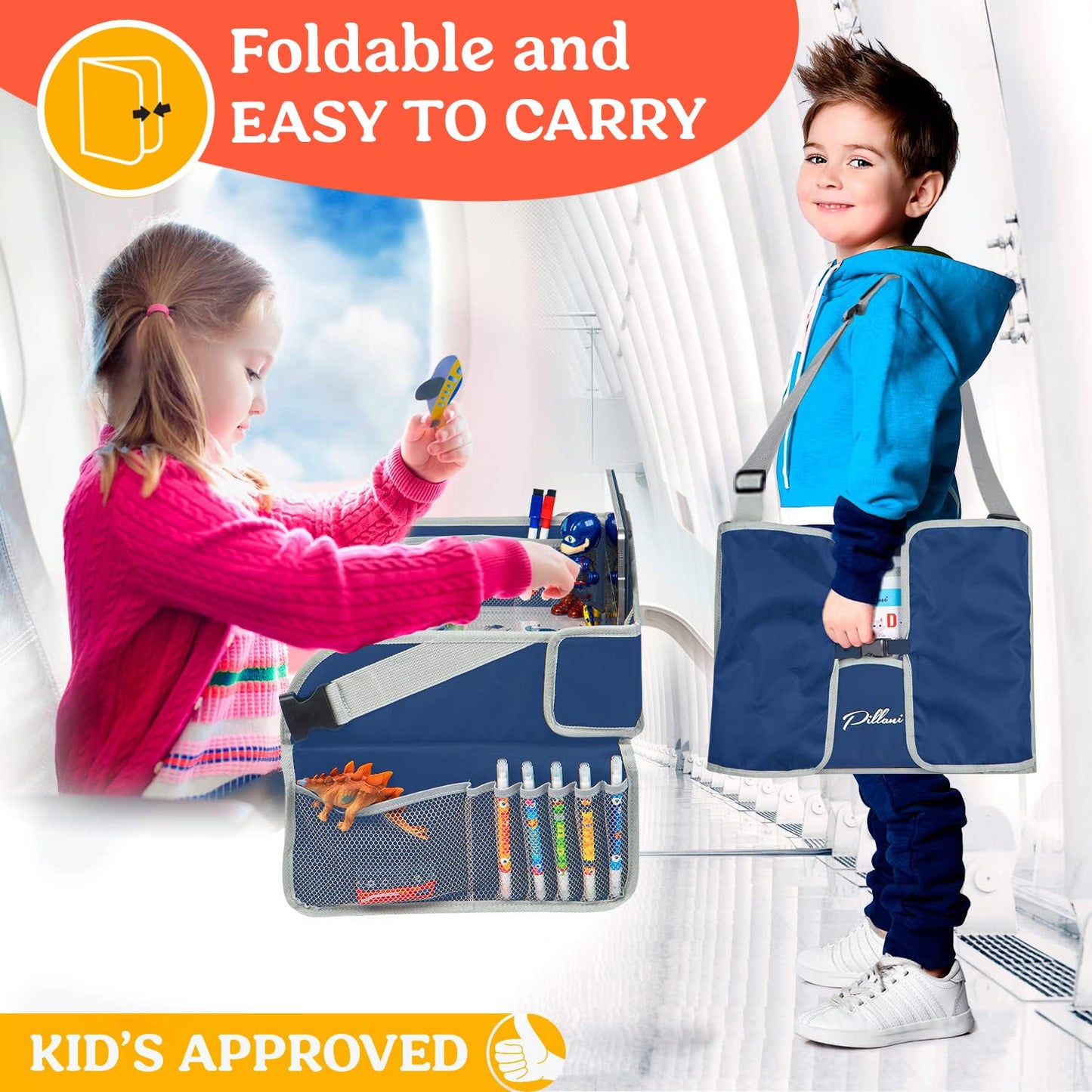 PILLANI Kids Travel Tray for Car - Toddler Travel Essential with iPad Holder & Dry Erase Board - Road Trip Essentials - Carseat Table - Toddler Lap Desk Organizer for Airplane - Kids Travel Essentials