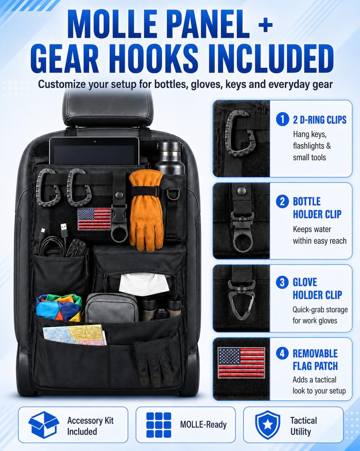 Tactical MOLLE Car Seat Back Organizer, Heavy Duty Backseat Storage Kit