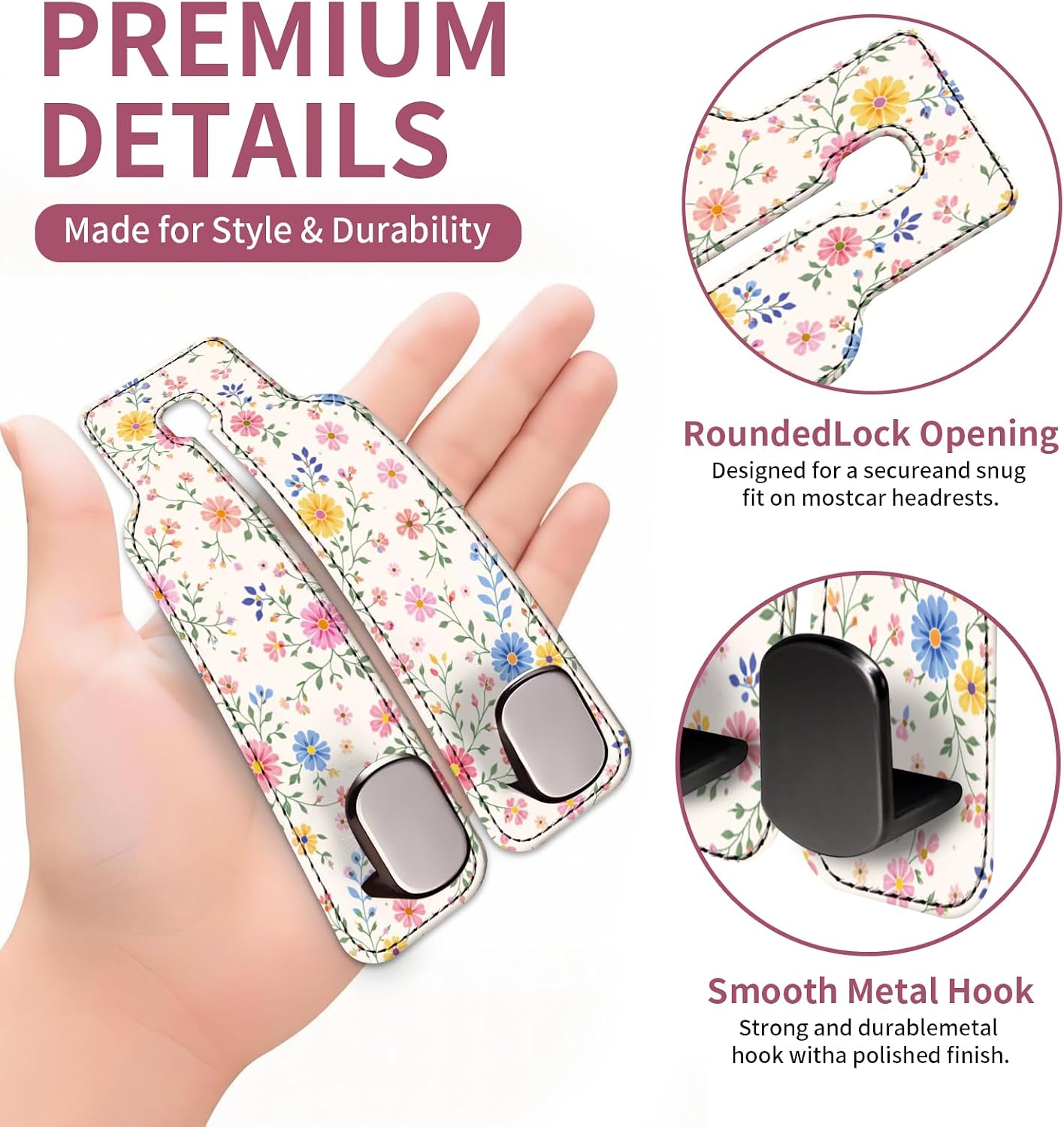 Car Seat Back Storage Hook, Funny Car Purse Hook, Cute Vehicle Storage Organizer for Purses Handbags Boho Cute Floral