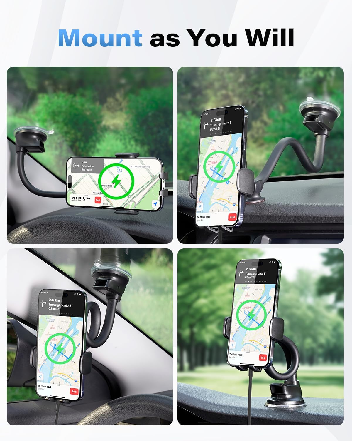 1Zero Solid Car Truck Phone Mount Holder 14" Arm Upgraded Wireless Charger