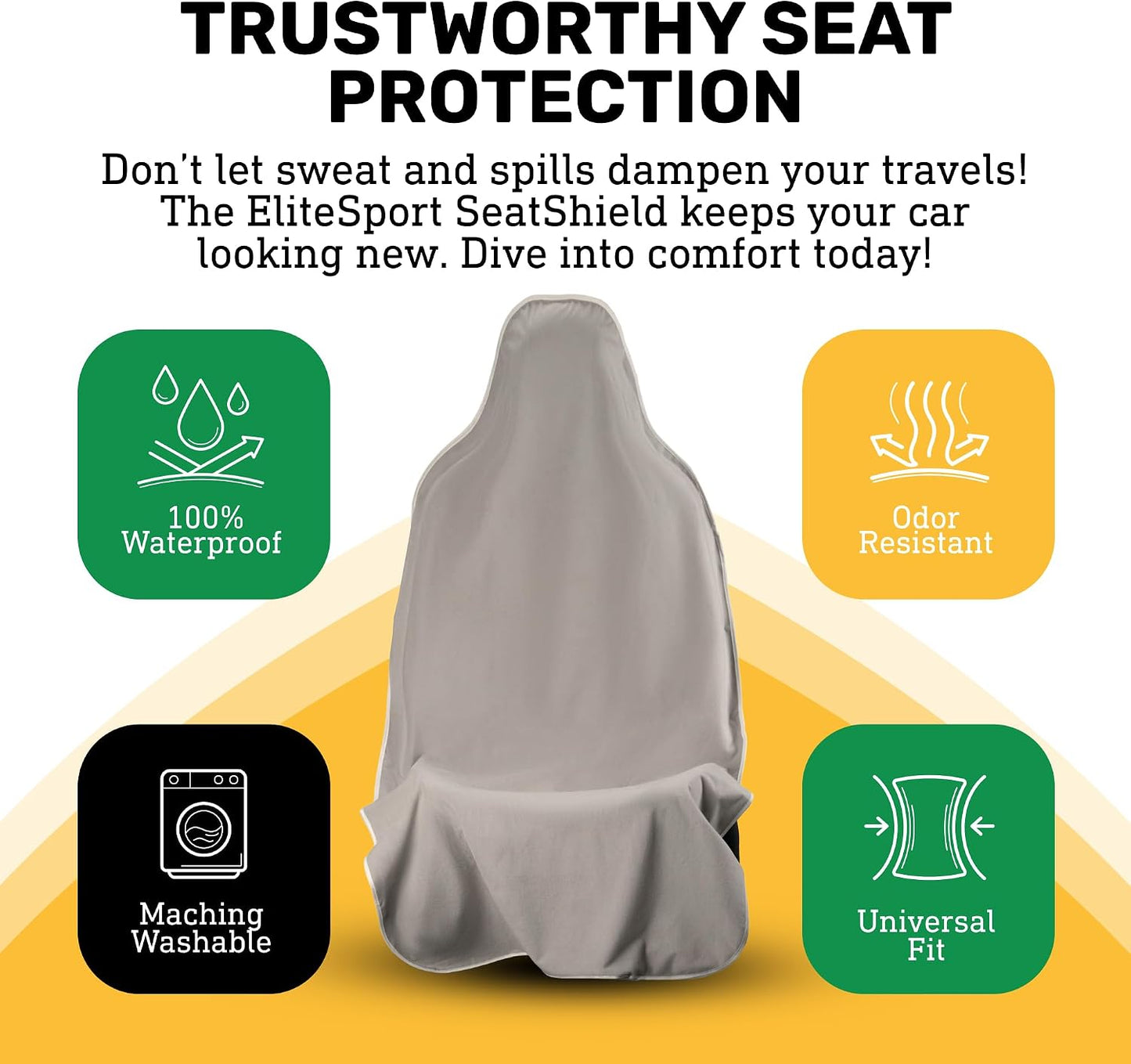 EliteSport Front Seat Cover, Universal Fit Waterproof, Sweatproof, Odor-Resistant, and Machine Washable Car Seat Protector with Non-Slip Underlayer for Pet, Travel, and Outdoor Adventure, Gray