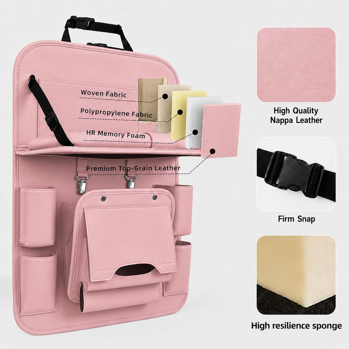 Car Backseat Organizer with Foldable Table Tray, PU Leather Seat Back Organizer with Trash Bin, Tablet Holder, Kick Mat Protector, Back Seat Storage for Cars, Pink