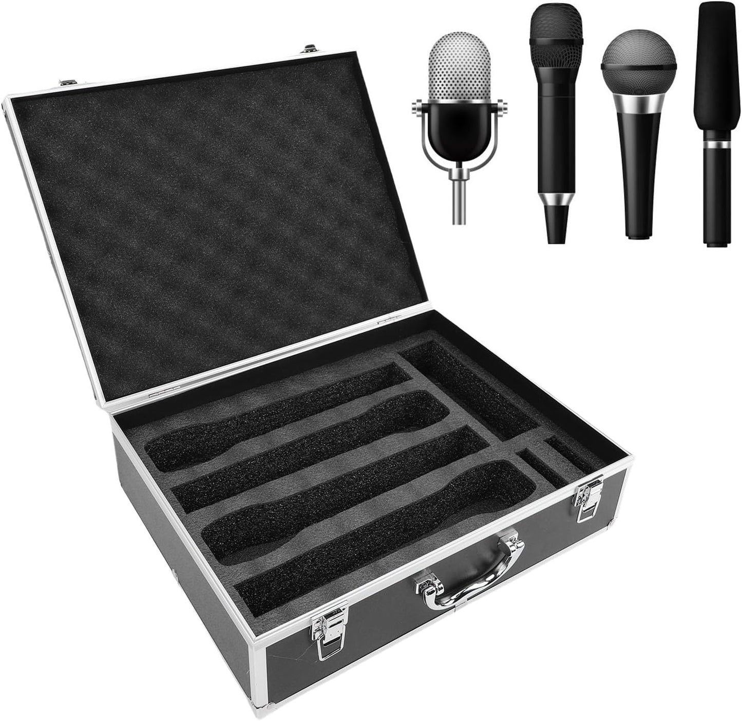 ASHATA Hard Shell Carrying Case for Wireless Mic System Storage, Aluminum Alloy Sturdy Build, Holds 4 Microphones Compact Storage Bag for Receiver & Accessories