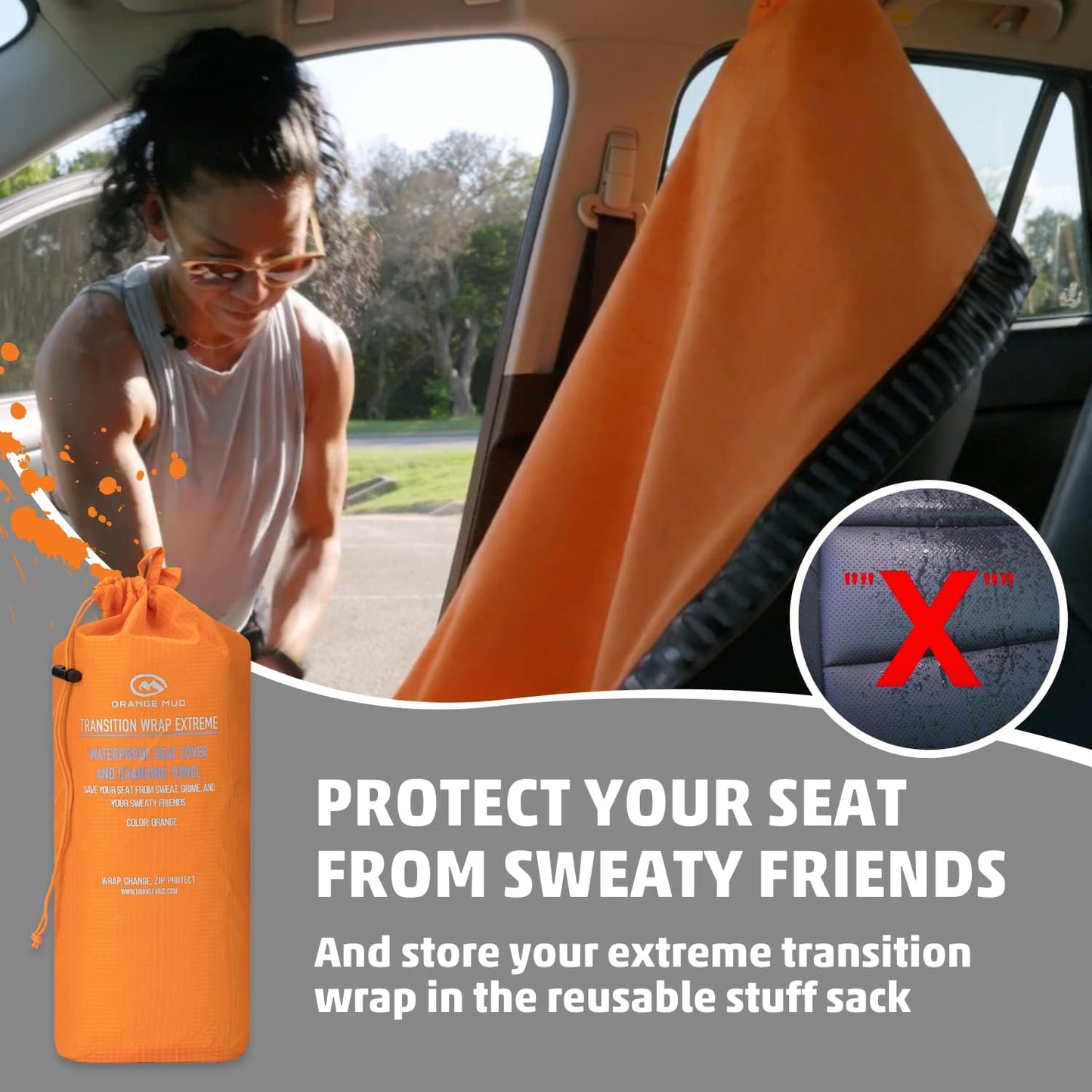 Orange Mud Transition Wrap Extreme – Orange Waterproof Car Seat Cover & Changing Towel – Secure Wrap for Athletes, Runners, Cyclists, Triathletes – Sweat-Proof, Quick-Dry, No-Slip Fit